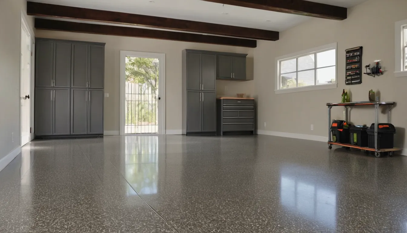 A freshly coated epoxy garage floor with a light flake finish in a Hammond home